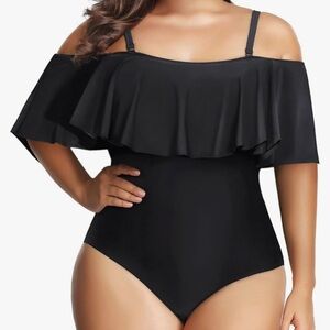 NWT Solid RED off the shoulder swimsuit. Model shows the swimsuit on.
